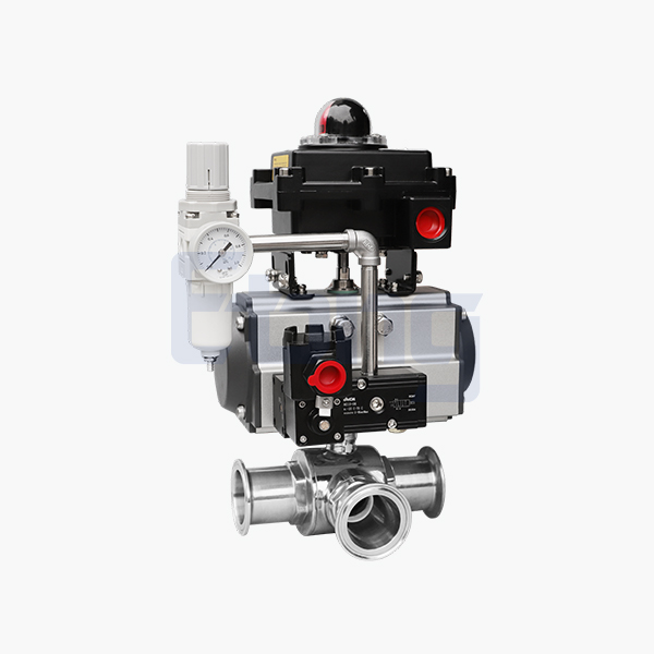 Pneumatic three-way sanitary ball valve